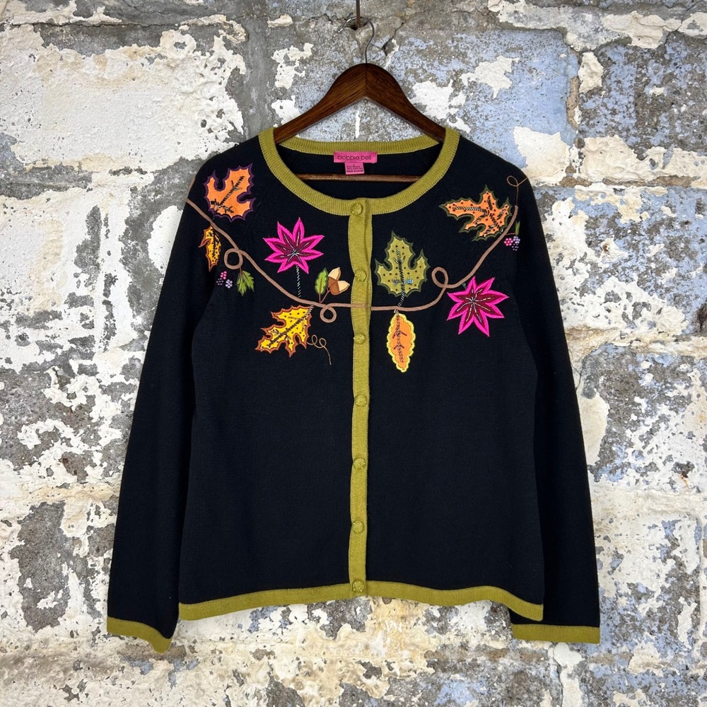 Y2K Bobbie Bell Cardigan Black Embroidered Beaded Fall Leaves Ramie BlendL
